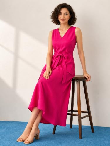 Image of PURVAJA Women's Fit & Flared Midi Length Sleeveless V-Neck Solid Dress