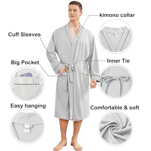 Image of Mens Lightweight Robe, Knit Kimono Bathrobe Spa Sleepwear Soft Knee Length Robe With Pockets