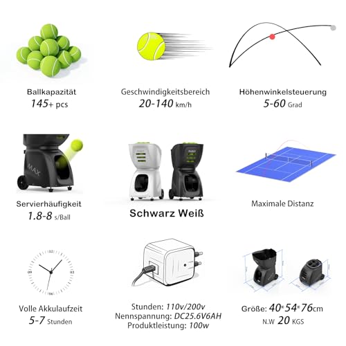 PUSUN PT-MAX C Tennisballmaschine - Profi Ballwerfer mit APP-Steuerung (App für Apple Watch), 28 Landepunkte & 26 Modi, Smart Trainer für alle Spielniveaus mit variablem System (5-7 Std.) (Schwarz)