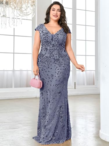Image of Plus Size Womens Sequined Long Evening Gown Glamous Sleeveless V-Neck Mermaid Prom Dress for Wedding Party