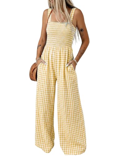 Dokotoo Womens Casual Loose Overalls Summer One Piece Sleeveless Jumpsuits for Women Smocked High Waist Stretchy Wide Leg Long Pant Rompers Maternity Gingham Striped Jumpsuit 2026 Fashion Yellow L