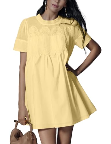 Image of Shiyifa Womens Babydoll Lace Patchwork Dresses Summer Short Sleeve Ruffle Sundress Loose Crew Neck A-Line Dresses