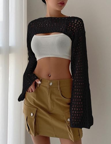Womens Cropped Sweater Crochet Knit Crop Tops See Through Y2k Knit Sweater Beach Cover Ups3