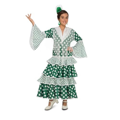 My Other Me - Disfraz Flamenca Niña, talla 3-4 años. Incluye vestido verde y blanco, escote en V, encaje decorativo, lunares grandes y pequeños, mangas largas y falda con volantes. Esencia andaluza.