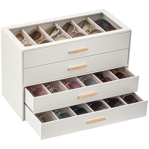 Lolalet Beige Sunglasses Storage Box for Women, Eyewear Eye Glass Organizer with Clear Top Lid Display Holder Case 24 Slots 4-layer Beige