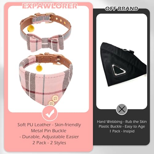 Image of EXPAWLORER Dog Collar Bandana Set - Classic Plaid Dog Bow Tie and Bandana Collar with PU Leather, Adjustable Collars for Small Medium Large Dogs Cats, Holiday Ideal Gift, Pink S