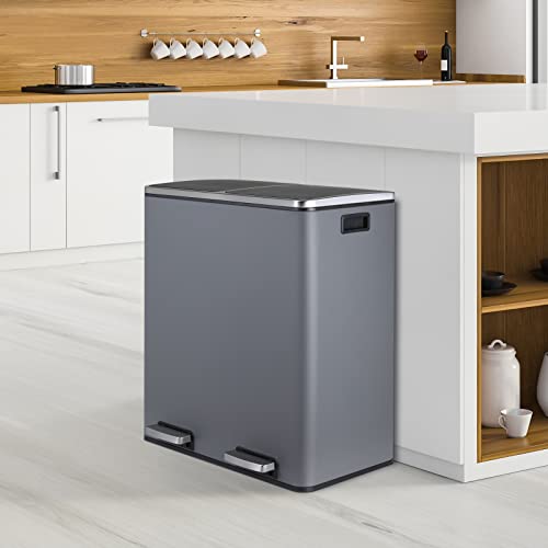Arlopu 16 Gallon Stainless Steel Trash Can, 60L Dual Compartment, Metal Kitchen Step Recycle Bin, Metal Double Dustbin, In-Home Garbage Rubbish Can W/Removable Liner Buckets, (Iron Grey) #TOP5