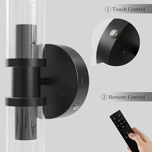 Image of Rayogale Black Wireless Battery Operated Wall Sconces with Remote Control | Glass Rechargeable Wall Lights Set of 2 with Timer Function Dimmable for Living Room Bedroom Emergency 3000K, 20.5 Inch