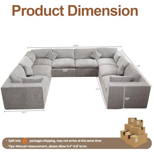 Image of 146''Cloud Boneless Sectional Couch, Modular Sectional Sofa Deep Seat, Oversized Upholstered Convertible Comfy 8 Seater Chenille Memory Foam Sofa U Shape Couches for Living Room, Light Grey