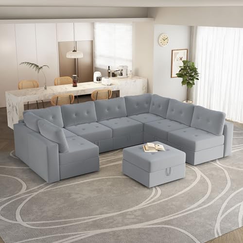 Image of QHITTY Large Sectional Modular Sofa, 9 Seater Accent Couch with Hidden Extra Large Storage Space for Living Room, Grey