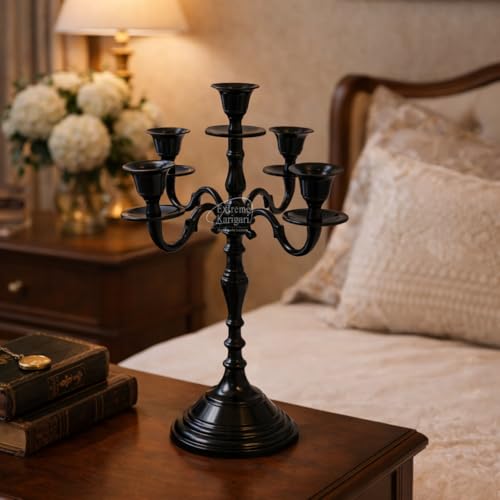 Image of 5 Arm Black Metal Candelabra Candle Stand | 12 Inch Tall Decorative Candlestick Holder for Dining Table, Living Room, Wedding & Home Decor (Black)