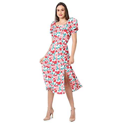 Image of PINACOLADA Women White & Pink Floral Printed Knee Length Casual Dress