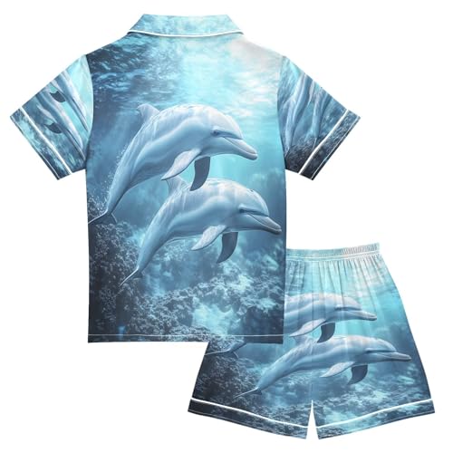 ALAZA Dolphin Ocean Blue Satin Pajamas Set Short Sleeve Button Down Sleepwear Summer Pjs 2 Piece2