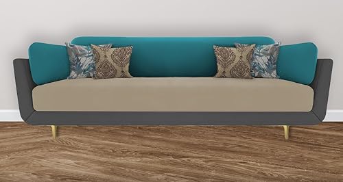 Image of Sixpine Luxury Dual Color Upholstery Classic Sofa in Premium Velvet | Solid Wood Structure | Sturdy Golden Legs | High Density Foam | Extra Comfort for Living Room (Grey Beige Turquoise, 3 Seater)