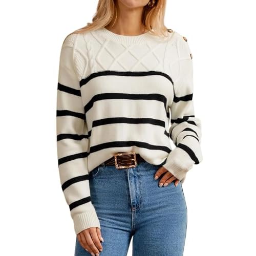 GRACE KARIN Women’s Fall Winter Striped Sweater Oversized Long Sleeve Loose Knit Sweater Crewneck Trendy Pullover Tops