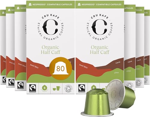 Cru Kafe Organic Half Caff Espresso Single-Serve Coffee Pods (80 Pods) Compatible with Nespresso Original Line, Krups, Inissia, CitiZ, Pixie, KitchenAid and Expert