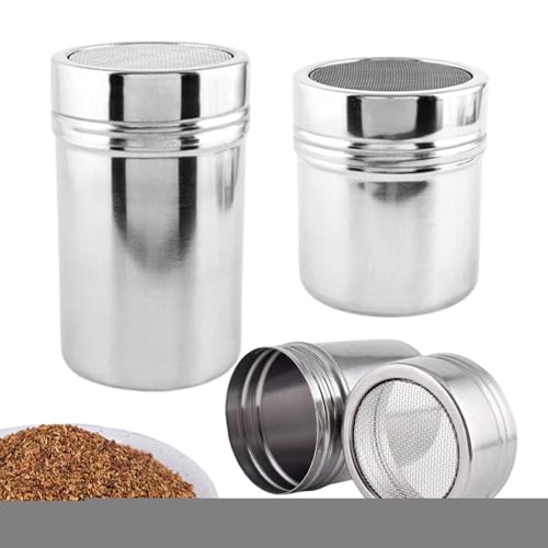 Harina Shaker Duster – Silla de harina | Coctelera de azúcar en polvo | Agitador de azúcar de canela para hornear | 3 piezas de acero inoxidable Recipiente Cocina Equipo de Cocina para Té Pasteles de
