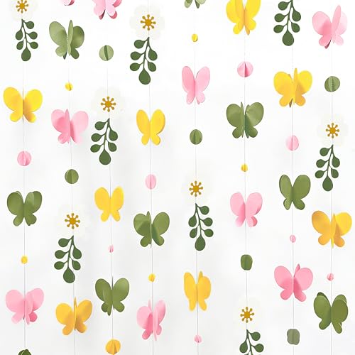 Image of Spring Decorations Flowers 3D Butterflies Dots Garland Green Pink Yellow Hanging Paper Streamer for Spring Birthday Mother's Day Wedding Bridal Shower Tea Party Decorations Supplies