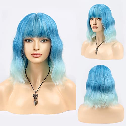 FAELBATY Ombre Blue Wig - Short Curly Wig with Bangs, Shoulder Length Synthetic Wig for Women & Girls - 12" Ombre Blue