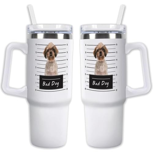 GABSHAIM Custom White Tumbler Double-Layer Insulation Dog Travel Mug with Handle & Straw Lid Double Sided Printed Travel Coffee Cup Shih Tzu Pattern Design 40 oz
