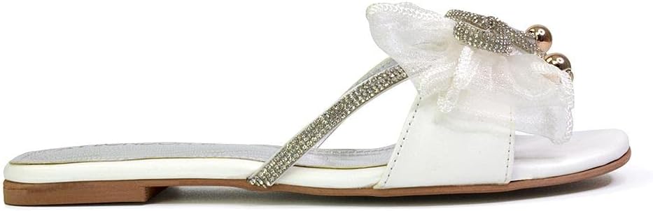 Womens Flat Slip On Slider Ladies Diamante Strap Bow Flip Flops White Summer Mule Shoes Size 11