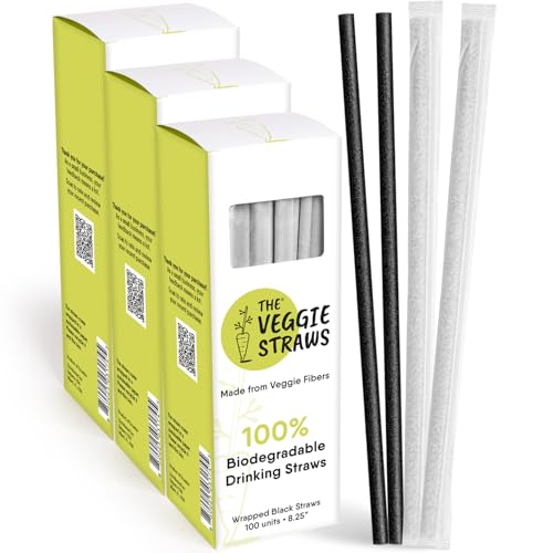 Image of The Veggie Straws - 300 PCS of 8.25 Inches Individually Wrapped Black Biodegradable Straws - Made of Vegetable Fibers, Best Environment Friendly Drinking Straws for Hot and Cold Beverages