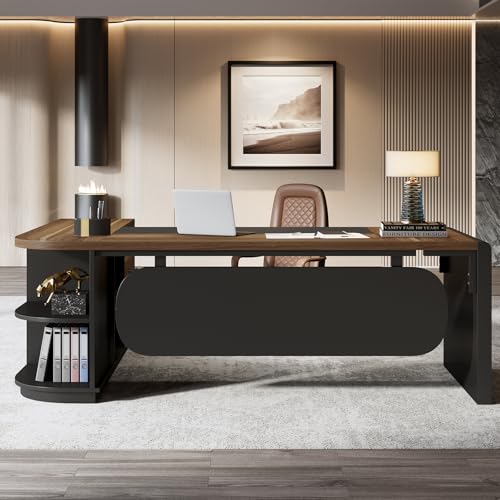 Image of Tribesigns 80'' L-Shaped Desk, Large Executive Office Desk with 55'' Drawers Cabinet, Modern Commercial Office Table with Storage Shelves, Business Furniture for Home Office, Brown & Black