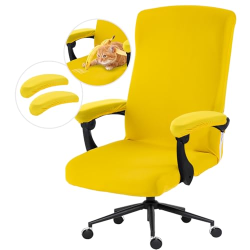 Image of DIVA EN CAMINO DEC Stretch Computer Office Chair Cover with Armrest Covers Durable Zipper Universal Washable Removable Spandex Rotating Boss Chair Slipcovers Anti-dust Soft Seat Protector, Yellow