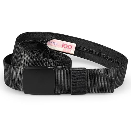 iberroad - Cinturon Hombre de Nylon Hebiila Metalica y Cremallera Interior Oculta Antirrobo - Cinturon De Viaje Antirrobo con Bolsillo Secreto - Cinto Hombre - Cremallera Interior (NEGRO)