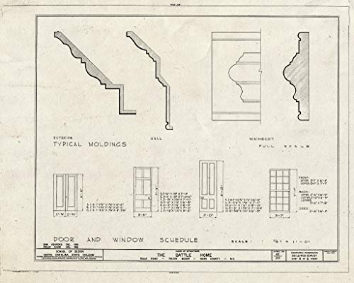 Historic Pictoric : Blueprint 8. Moldings Details; Window and Door Schedule - Battle House, NC Route 43-48 (Falls Road), Rocky Mount, Nash County, NC 20in x 16in