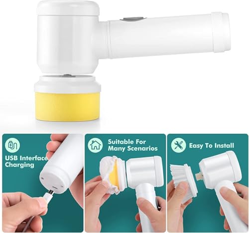 Image of 5 in 1 Electric Cleaning Brush with 3 Interchangeable Heads Multi Functional Cordless Power Scrubber for Bathroom Kitchen Tiles Floor Sink Tub Carpet Household Cleaning Tool