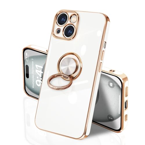JOUMIN YAO iPhone 15 ケース リング付き イフォン15 リング TPU カバー 全面保護 耐衝撃 スマホケース iPhone 15 360°回転 スタンド機能 携帯カバー 車載ホルダー対応 ストラップホール付き メッキ加工 擦り傷防止 6.1インチ(ホワイト)