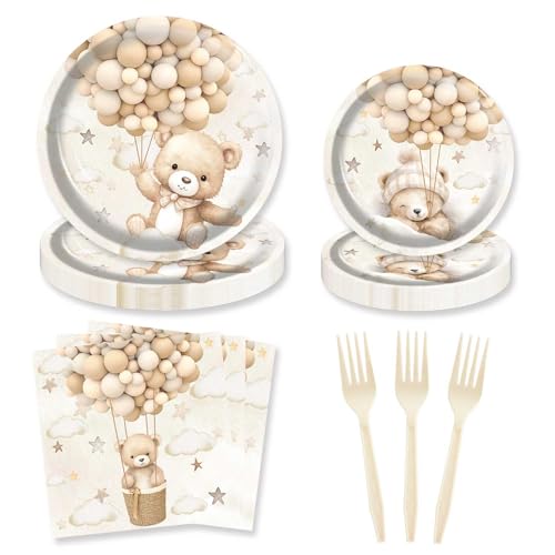 HEETON 80Pcs Teddy Bear We Can Bearly Party Supplies Plates Boho Cute Teddy Bear Baby Shower Birthday Party Decorations for Baby Bday