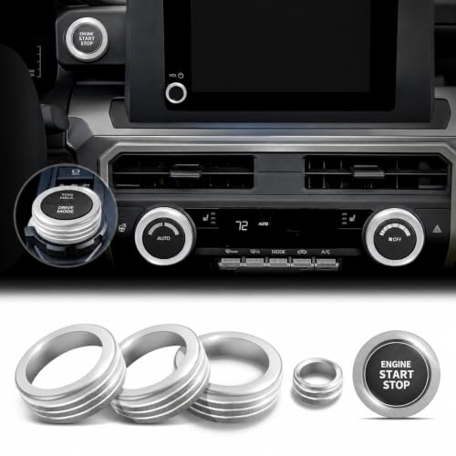 Image of for Toyota Tacoma 2024-2026 & 4Runner 2025-2026, 8-Inch Screen Aluminum Alloy Knob Cover Trim - Fits Push Start, AC, Volume & 4WD Gear Switch (Silver, 6-Piece Set)