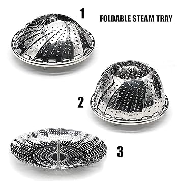 MEBISO Stainless Steel Vegetable Fruit Steamer Punching Food Drain Bowl Basket Foldable Vegetable Steamer for Cooking to Fits Various Size Pot 1