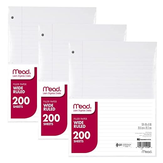 Mead Loose Leaf Paper, Notebook Paper, Wide Ruled Filler Paper, Standard, 8 x 10.5, 200 Sheets per Pack (73183), Pack of 3 White
