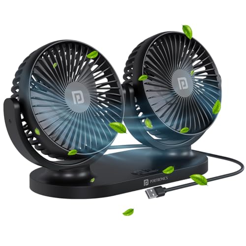 Portronics Twin Cool Dual Head Portable USB Powered Fan With 360° Rotatable Head, 3 Speed Control, Ultra Silent Operation, Brushless Motor, Suitable For 12/24V Car,SUV,Bus,Desk,Home Fan(Black)
