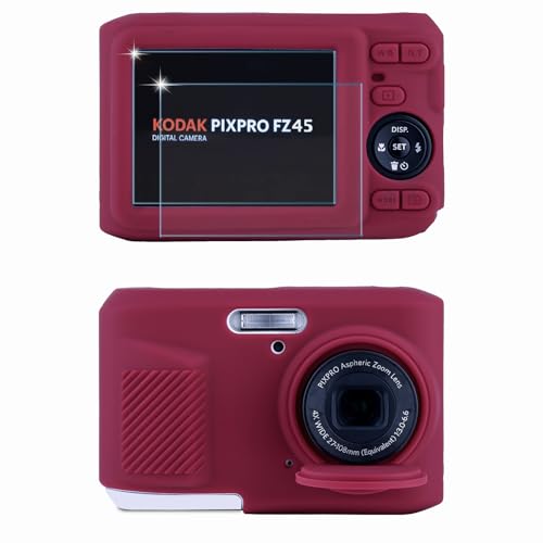 Frevyve Case for Kodak PIXPRO FZ45 Digital Camera Accessories Soft Silicone Protective Case Slim Fit Sleeve with Removable Lens Cover and Screen Protector Lightweight Anti-Scratch (Dark Red)
