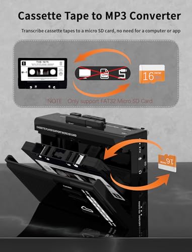 Cassette to MP3 Player via SD Card Cassette Converter with AM FM Radio,Cassette Tape Recorder,USB-C/2AA Power,Support External Microphone