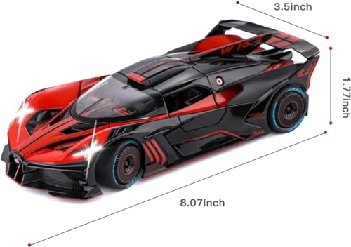 Image of PINQUE Kids New Car 1:24 Big Bugatti Bolide Diecast Alloy Metal Pull Back Car with Openable Doors Music Sound and Light Vehicle Toy for Boys (Red)