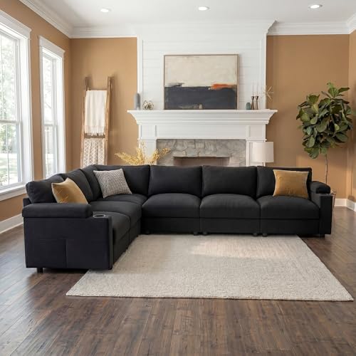Image of Sectional Couches for Living Room FSC Certified Chenille Modular Couch Oversized Cloud U Shaped Convertible Sleeper Sofa Chaise Detachable Armrest Cushion (Chenille Black, L Shape 6 Seat)