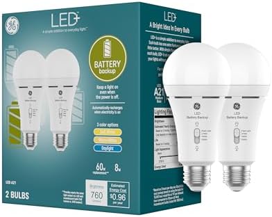 GE LED+ Backup Battery LED Light Bulbs, A21 Rechargeable Light Bulbs for Power Outages and Emergencies, Flashlight, 3 Color Temperatures (2 Pack)