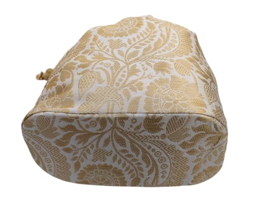 Image of MILAN'S CREATION Banarasi Silk Brocade Potli Bag Purse With Base Drawstring Women's handbag with Pearl Handle & Tassel Weddings