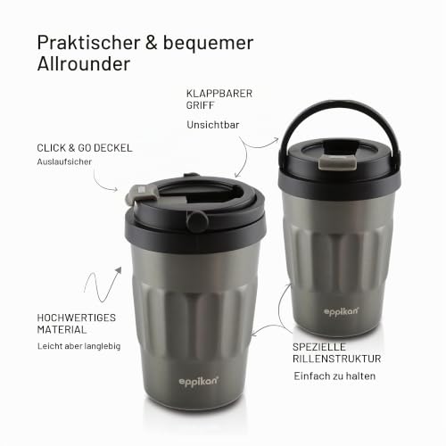 eppikan eppiCafé Edelstahl Thermobecher mit klappbarem Tragegriff - auslaufsicherer Coffee-To-Go-Becher für Kaffee und Tee 400 ml (Matt… – Ansicht 3