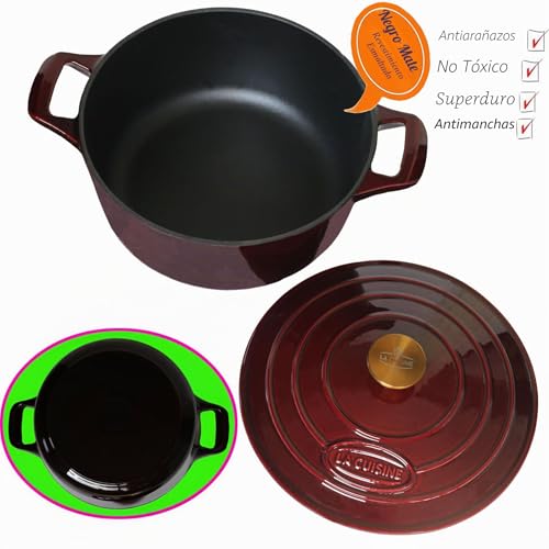 Miniatura 4 de La Cuisine Cazuela De Hierro Fundido Esmaltado De 28 Cm De Diámetro. 6,5 L. Revestimiento Interno Esmaltado Negro Mate, Arándano, Asa Tapa De Acero Inoxidable Chapado En Oro, Apto Para Horno