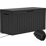 YITAHOME Outdoor Storage Box with Wheels, 270L Plastic Deck Box, Waterproof Garden Chest for Cushions, Tools & Pool Supplies, Lockable, Faux Woodgrain, 114.7 x 46.5 x 57.6 cm, Black