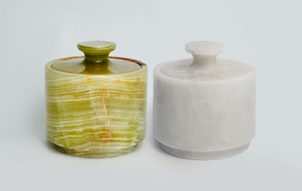 Handcrafted Marble Salt Cellar Set of 2 with Lids | Natural Stone Bowls for Sea Salt, Spices & Herbs | Elegant Kitchen & Dining Room Decor | Multipurpose Pinch Pot with Felt Base (White & Oceanic)