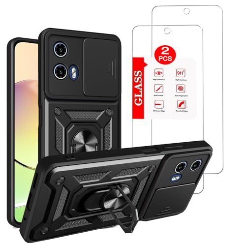 for Motorola Moto E14 Case/for Moto G24 / G04 / G04S Case with [2 Pack] Tempered Glass Screen Protector, Heavy Duty Protective Armor，Lens Protects Magnetic Kickstand Holder Phone Case Black