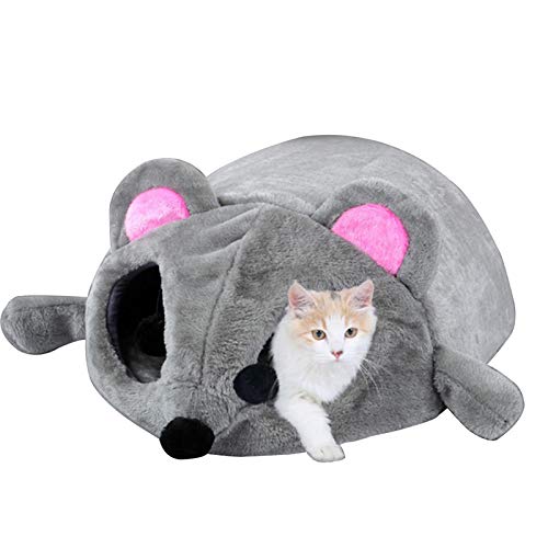 Warooma Kat Bed Grot Tunnel Warm Cartoon Muis Knuffel Bed Kussen Mat Huisdier Tube Indoor Kat Huis met Antislip Bodem voor Kleine Hond Kitten, Grijs