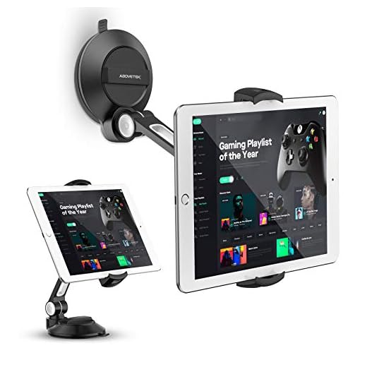 AboveTEK Phone Tablet Stand Holder with Suction Cup Fits 4-11”, Large Sticky Pad Tablet Mount on Kitchen Desk Office Window Bathroom Mirror Car Truck Windshield, for iPhone, iPad Mini Air Pro(Black)